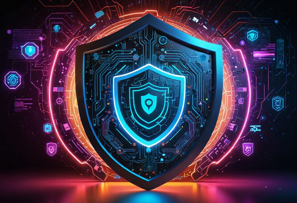 A futuristic digital shield protecting a network of interconnected devices against a backdrop of swirling digital threats. Show a blend of icons representing antivirus, firewalls, and privacy symbols. The energy shield should have a neon glow. cyberpunk style. vibrant colors. 3D.
