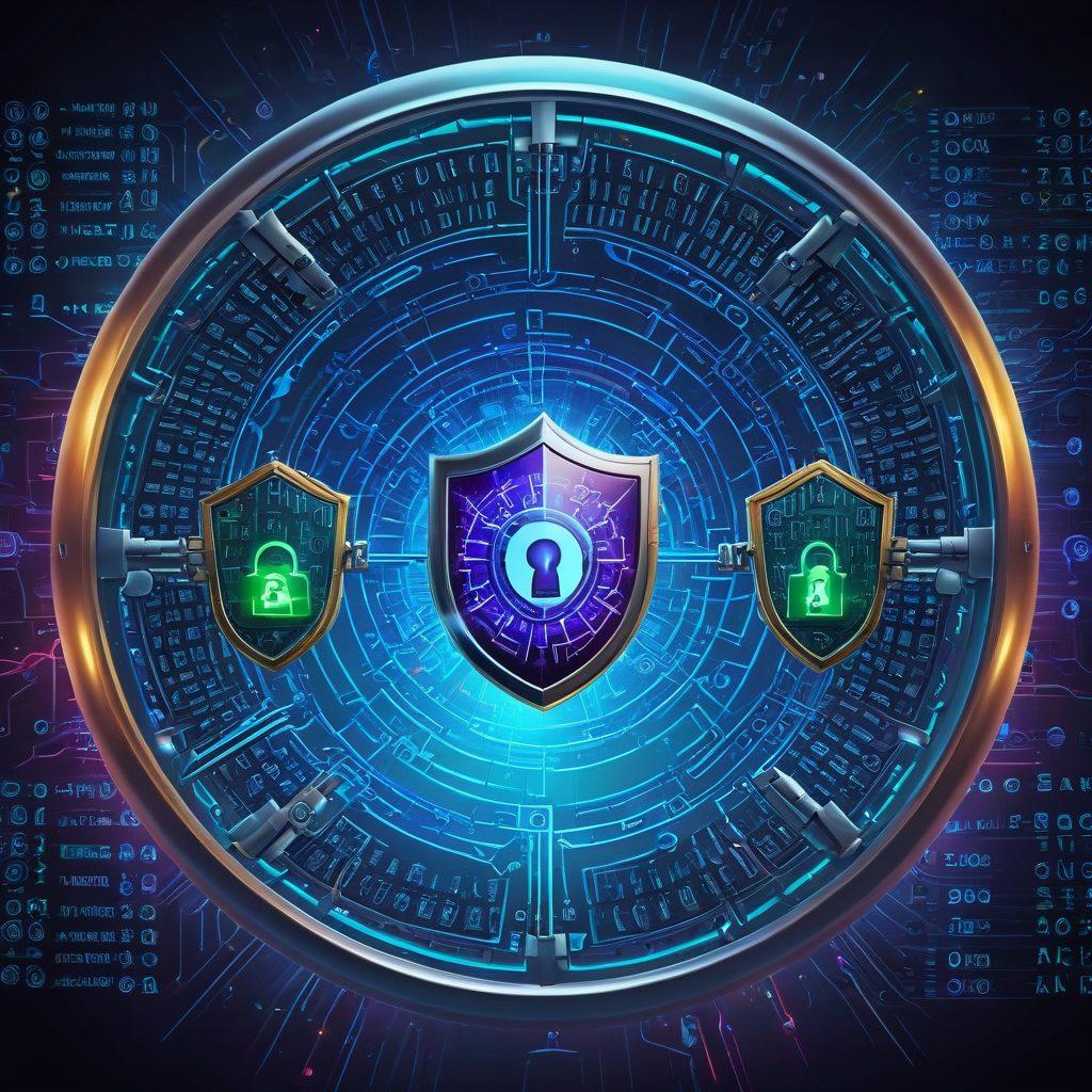 A digital fortress symbolizing an impenetrable website, surrounded by layers of security shields and locks. In the background, flowing streams of binary code and vigilant cyber guardians with magnifying glasses scan for threats. vibrant colors. super-realistic.