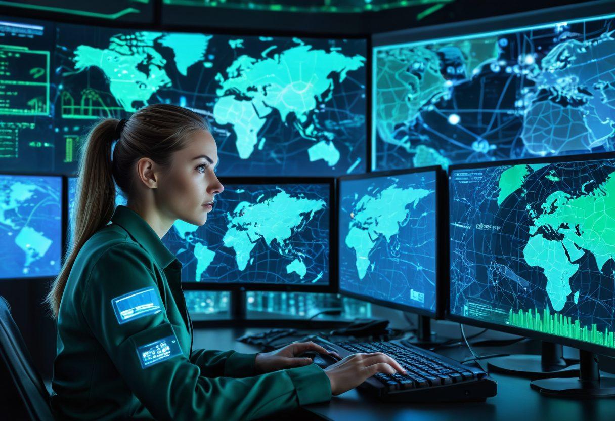 A vigilant cybersecurity analyst in a high-tech security operation center, monitors multiple screens displaying real-time data, threats, and analytics. A digital shield and network lines emanate from the screens protecting a globe in the background, signifying global web security. Dark, futuristic ambiance with glows of blue and green. holographic interfaces. super-realistic. vibrant colors.